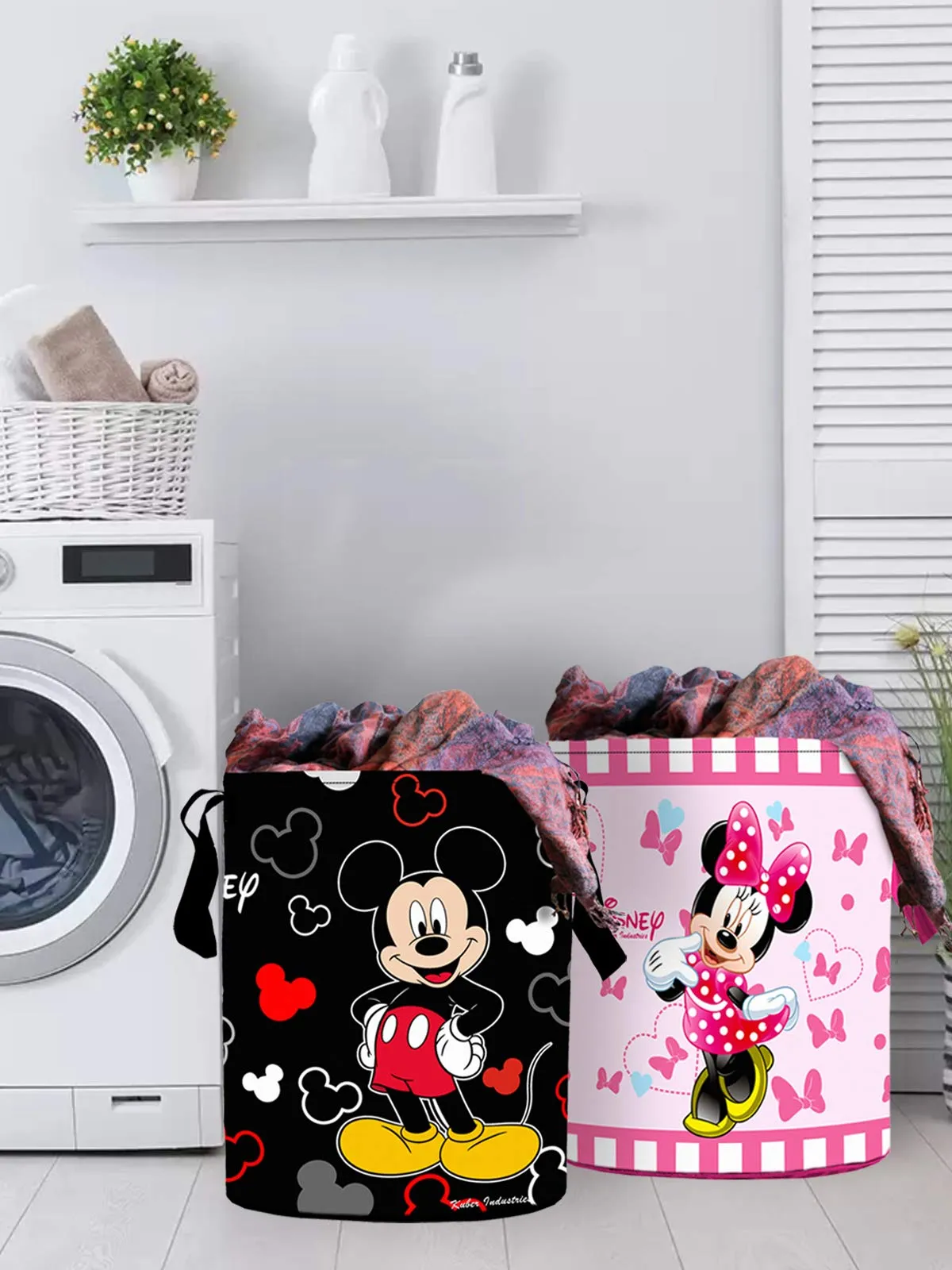 Kuber Industries Disney Print Round Non Woven Fabric Foldable Laundry Organiser with Handles,45 LTR (Set of 2, Black & Pink)-KUBMART11656, Standard