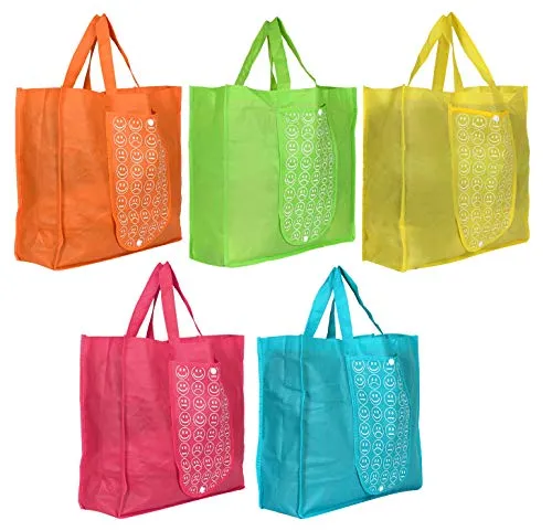 Kuber Industries Foldable Reusable Smiley Printed Shopping Bag with One Small Pocket (Set of 5,Orange & Green & Pink & Yellow & Blue) (HS_36_KUBMART018842)