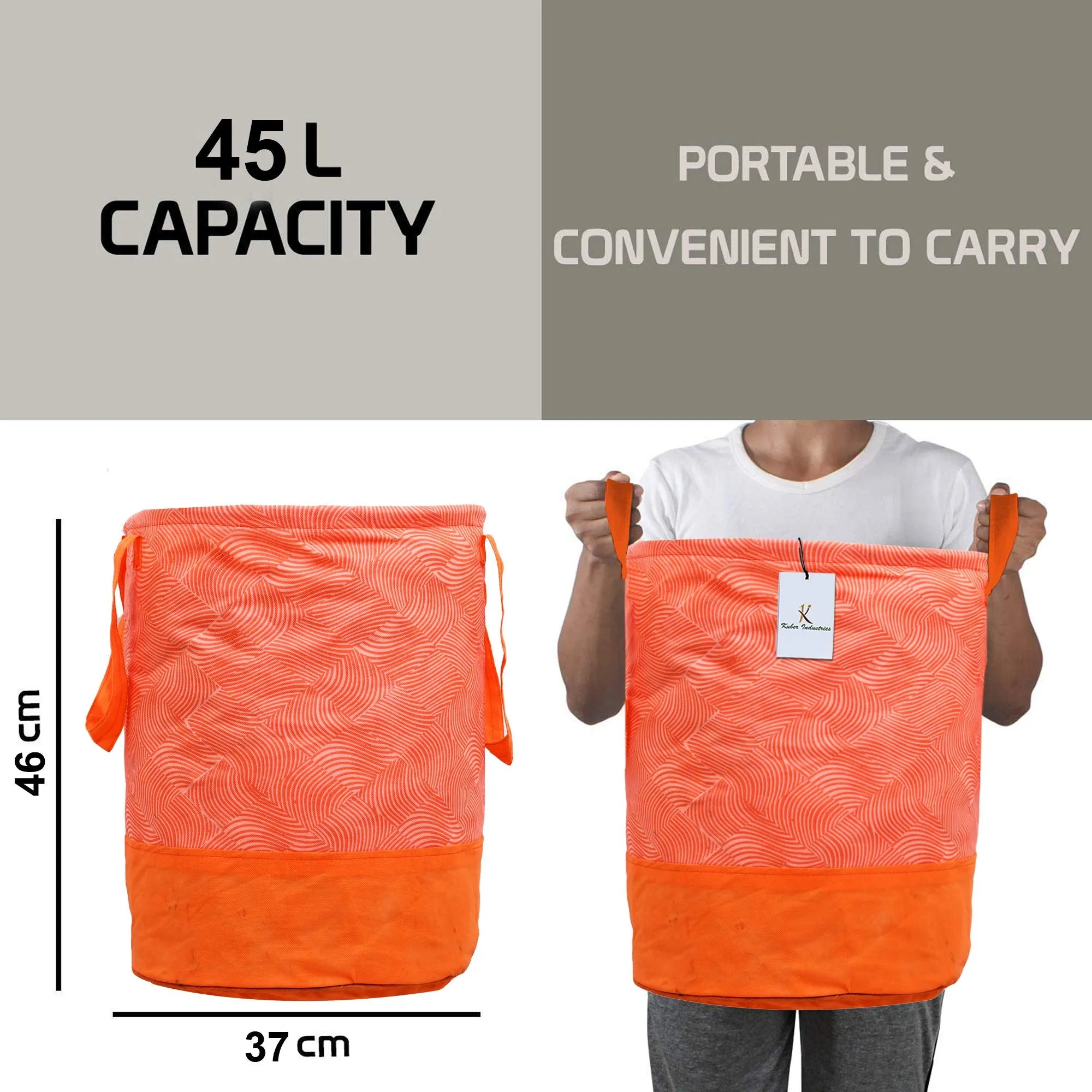 Kuber Industries Laheriya Printed Waterproof Canvas Laundry Bag|Toy Storage Laundry Basket Organizer With Handles, 45 L (Orange) Ctktc134628, Pack Of 1, 37 Centimeters