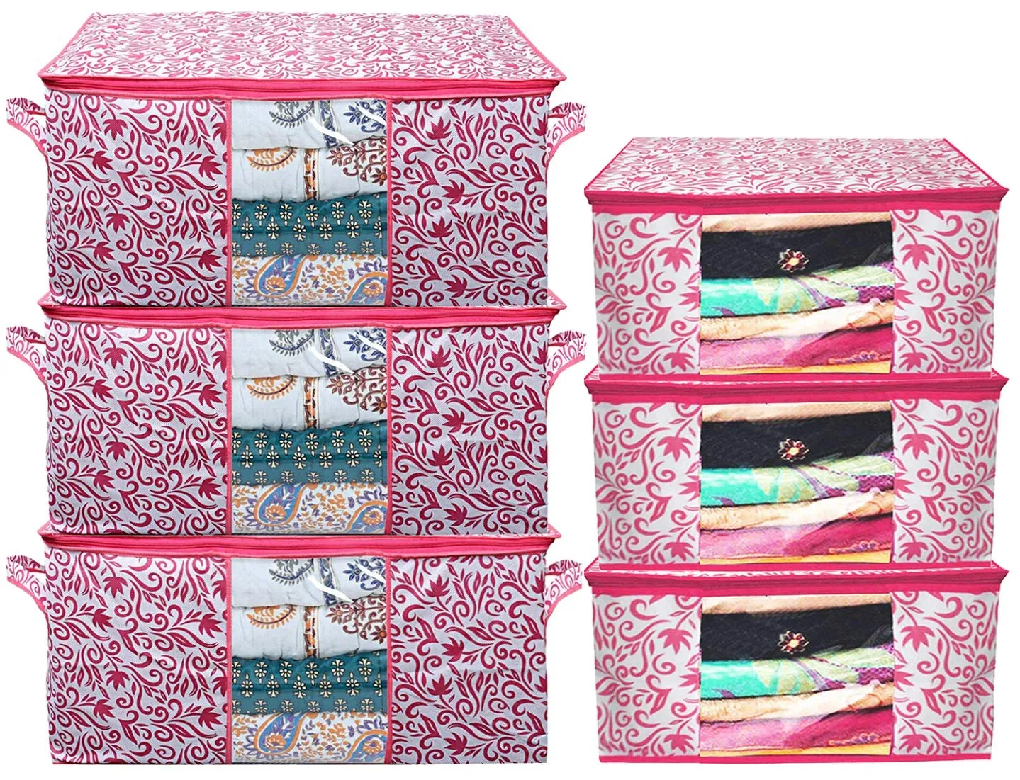 Kuber Industries Leaf Design Non Woven 3 Pieces Saree Cover and 3 Pieces Underbed Storage Bag, Cloth Organizer for Storage, Blanket Cover Combo Set (Pink) -CTKTC38659