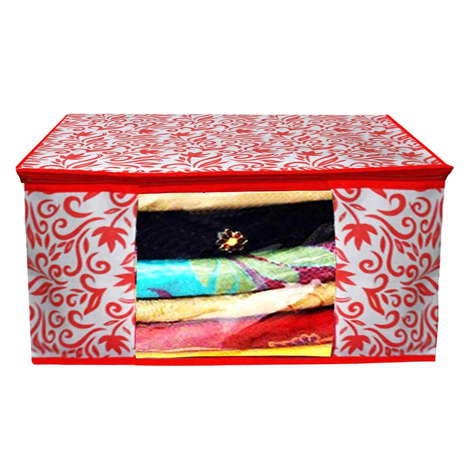 Kuber Industries Leaf Design Non Woven 6 Pieces Saree Cover and 6 Pieces Underbed Storage Bag, Cloth Organizer for Storage, Blanket Cover Combo Set (Red) -CTKTC038678