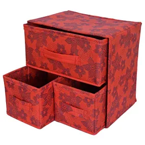 Kuber Industries Metalic Print 2 Layer 3-Drawer Foldable Drawer Units Fabric Cabinet Closet Storage Organizer for Underwear Ties Socks Small Clothes (Red)-KUBMART2136 Pack of 1 Red