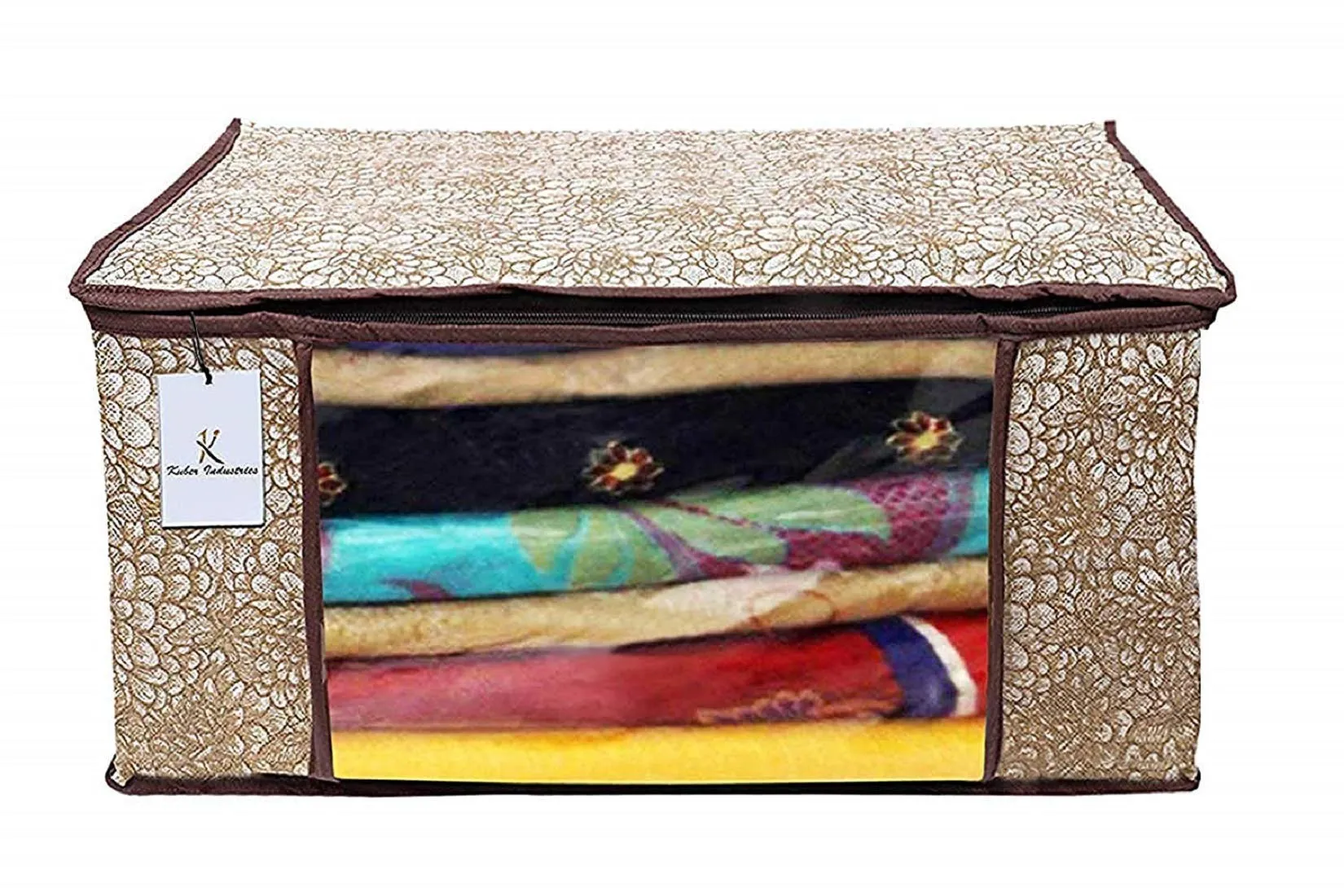 Kuber Industries Metallic Printed Non Woven 6 Pieces Saree Cover and 6 Pieces Underbed Storage Bag, Cloth Organizer for Storage, Blanket Cover Combo Set (Gold & Brown) -CTKTC038606