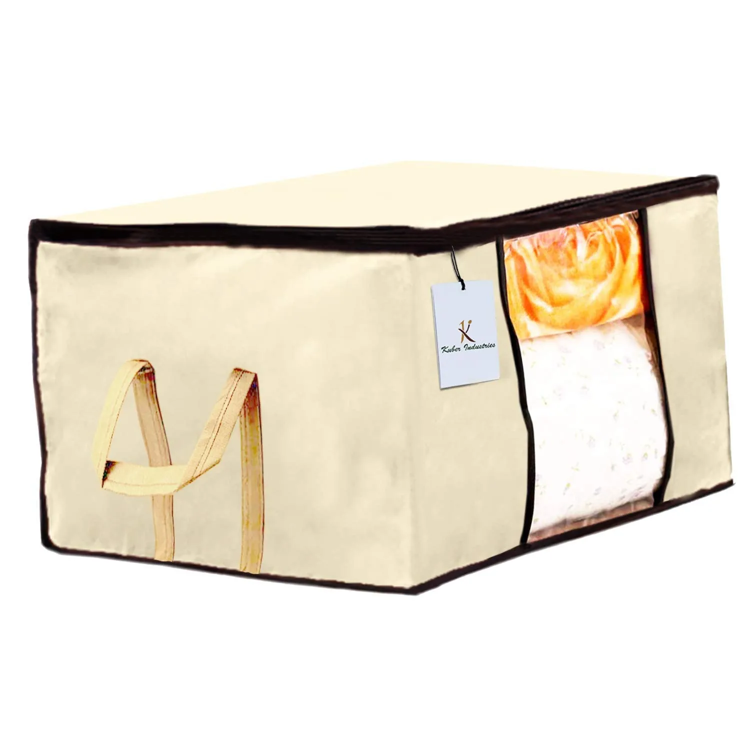 Kuber Industries Non Woven 2 Pieces Saree Cover and 2 Pieces Underbed Storage Bag, Cloth Organizer for Storage, Blanket Cover Combo Set (Ivory) -CTKTC038511