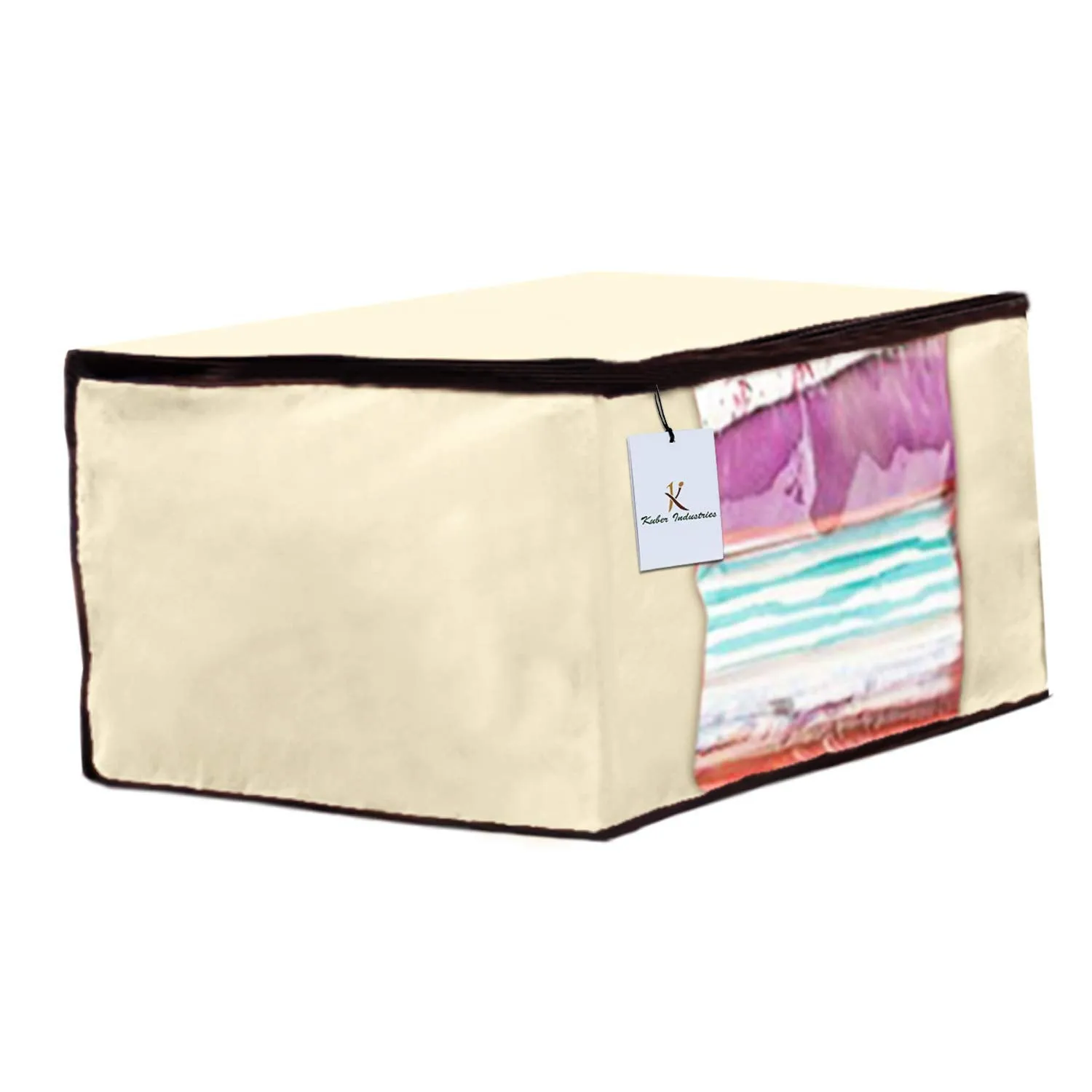 Kuber Industries Non Woven 2 Pieces Saree Cover and 2 Pieces Underbed Storage Bag, Cloth Organizer for Storage, Blanket Cover Combo Set (Ivory) -CTKTC038511