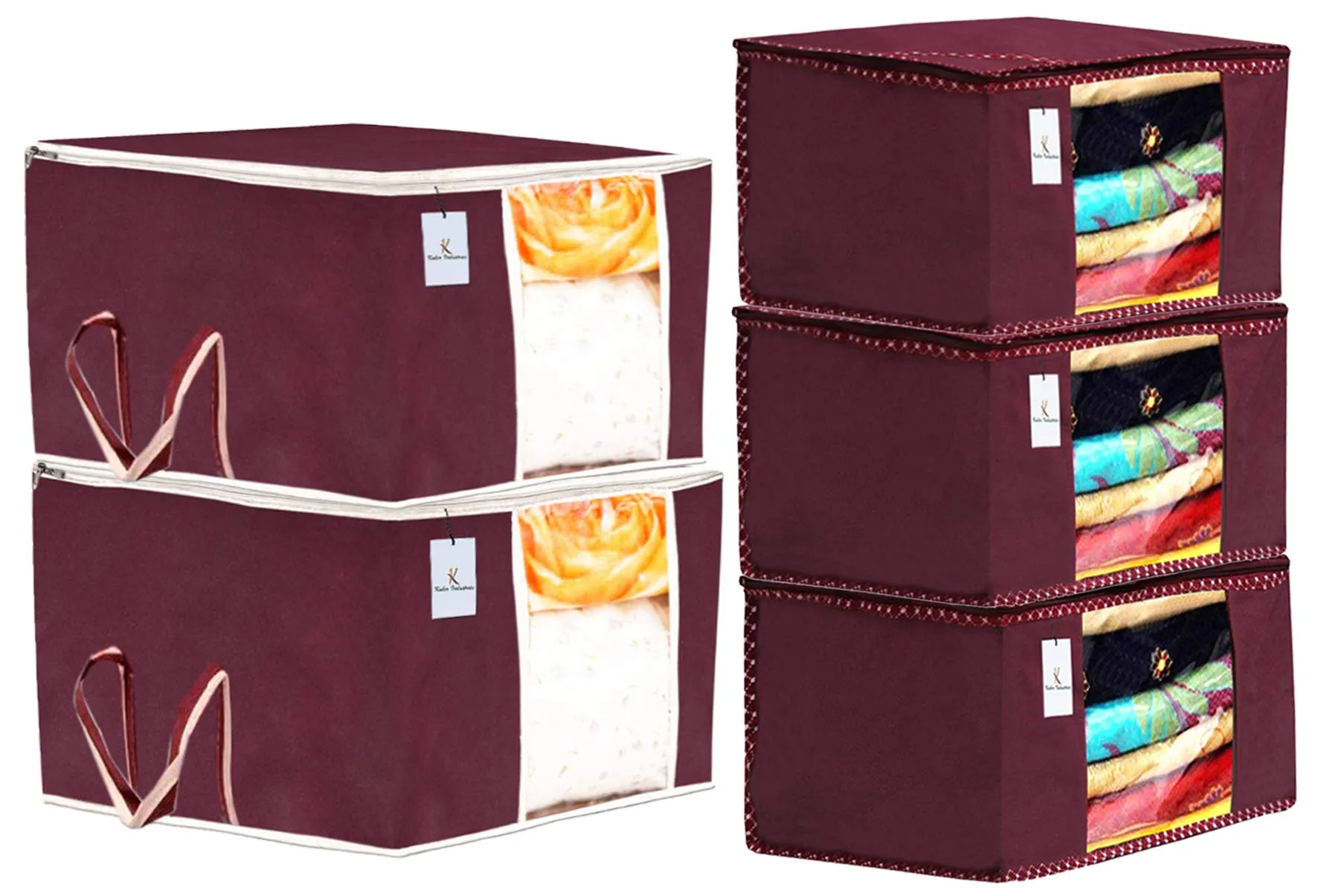 Kuber Industries Non Woven 3 Pieces Saree Cover and 2 Pieces Underbed Storage Bag, Cloth Organizer for Storage, Blanket Cover Combo Set (Maroon) -CTKTC38453