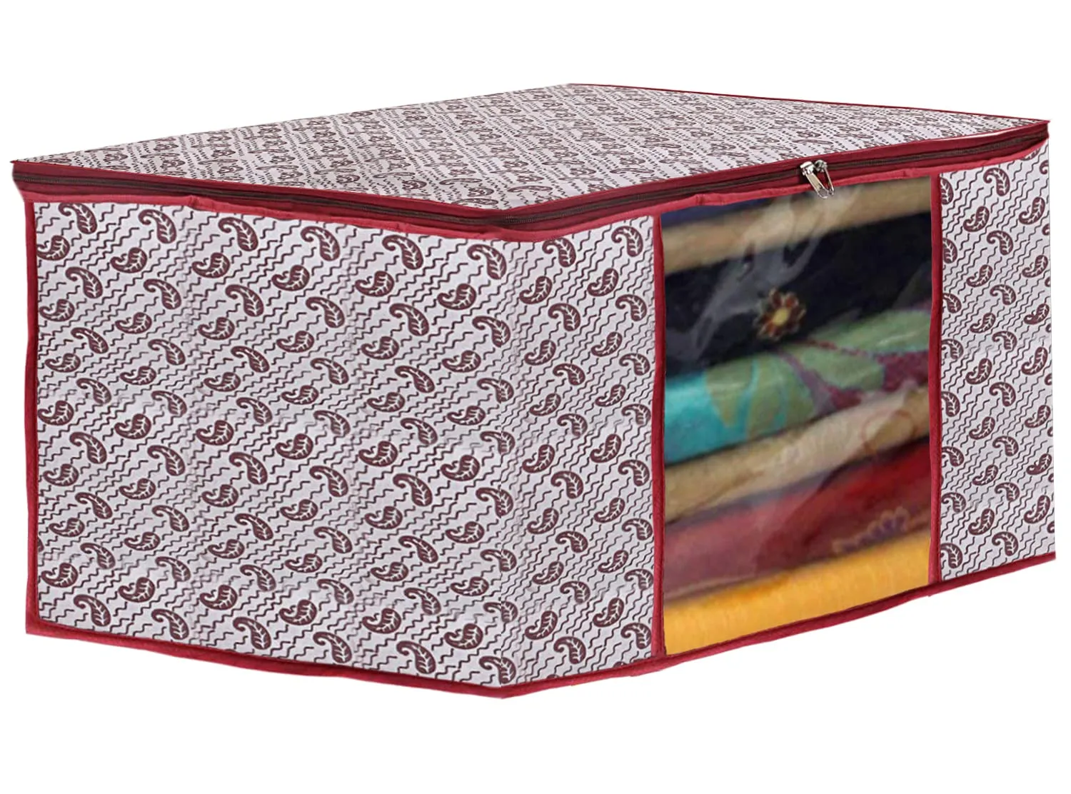 Kuber Industries Paisley Design Non-woven Foldable Saree Cover/Clothes Storage Bag/Wardrobe Organizer With Transparent Window- Pack of 6 (White)-44KM0347