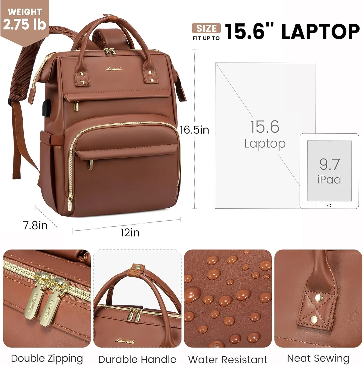 Leather Laptop Backpack, 15.6"-18"