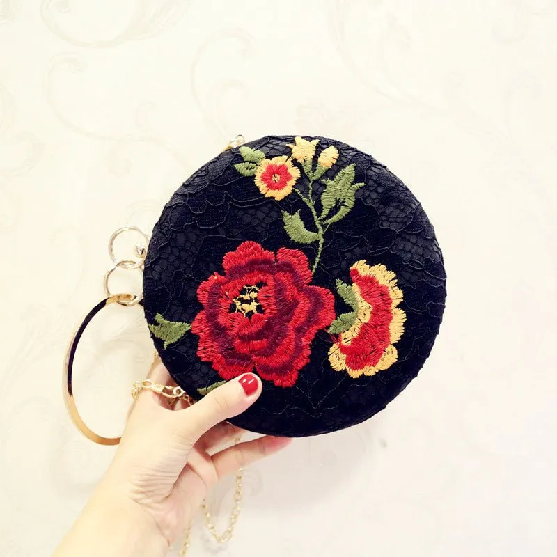 Luxy Moon Embroidered Round Flower Black Evening Bag