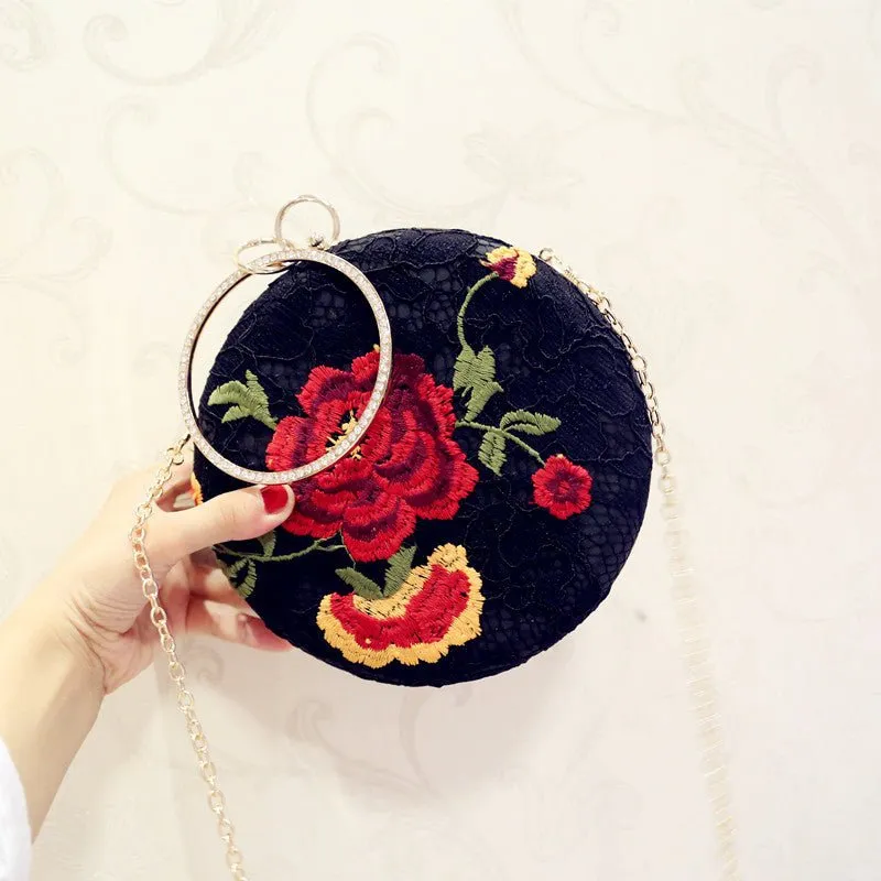 Luxy Moon Embroidered Round Flower Black Evening Bag