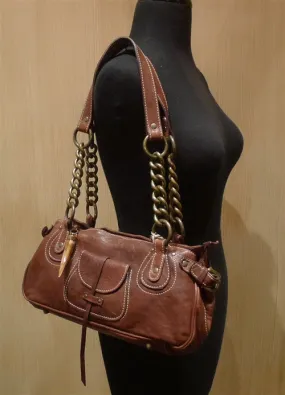 Malini Murjani Brown Leather Handbag with Chain