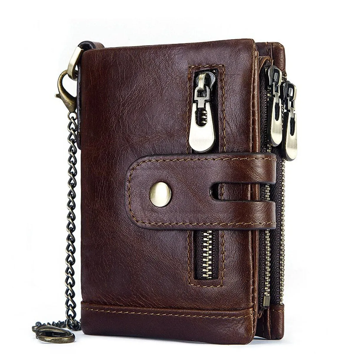 Men Genuine Leather Wallet RFID Anti-theft Short Zip Coin Hold Biker Chain Purse