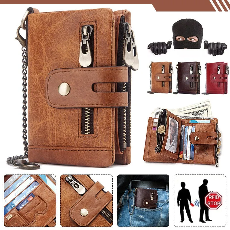 Men Genuine Leather Wallet RFID Anti-theft Short Zip Coin Hold Biker Chain Purse