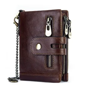 Men Genuine Leather Wallet RFID Anti-theft Short Zip Coin Hold Biker Chain Purse