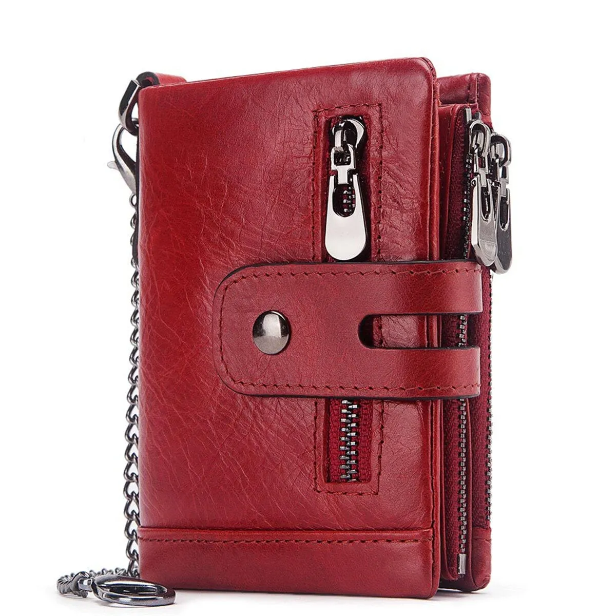 Men Genuine Leather Wallet RFID Anti-theft Short Zip Coin Hold Biker Chain Purse