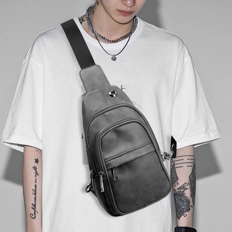 Men Solid Color Headphone Hole Design Multi-pocket Chest Bag Casual Outdoor PU Soft Leather Wear Resistant Crossbody Bags Shoulder Bag