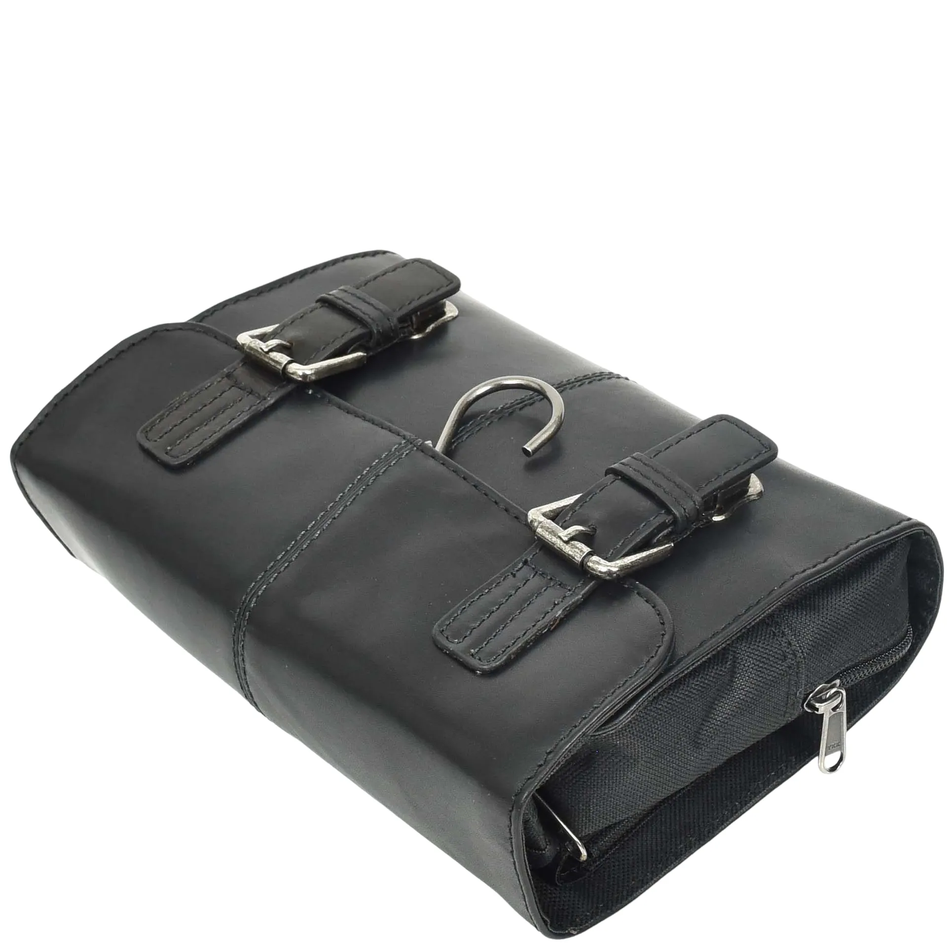 Mens Leather Wash Bag Hanging Cosmetics Toiletry Shaving Kit Travel Bag Link Black