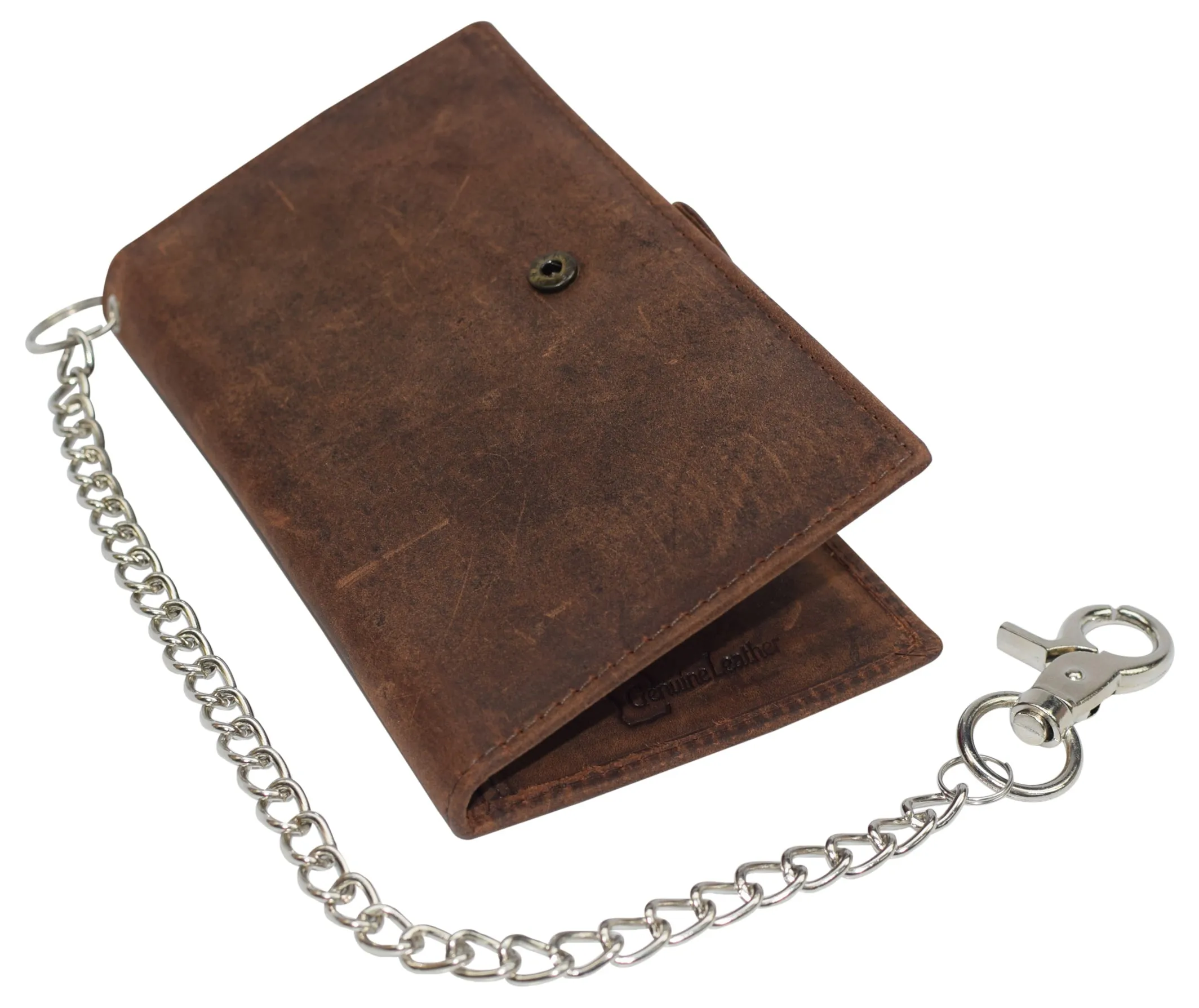 Men's RFID Blocking Vintage Leather Bifold Credit Card Holder Chain Biker Wallet with Button Closure