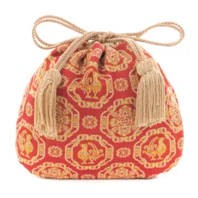 Nishijin-ori Small Drawstring Bag - Cock and Flower / Red -,  Made in Kyoto, Japan,  Japanese traditional craft purse