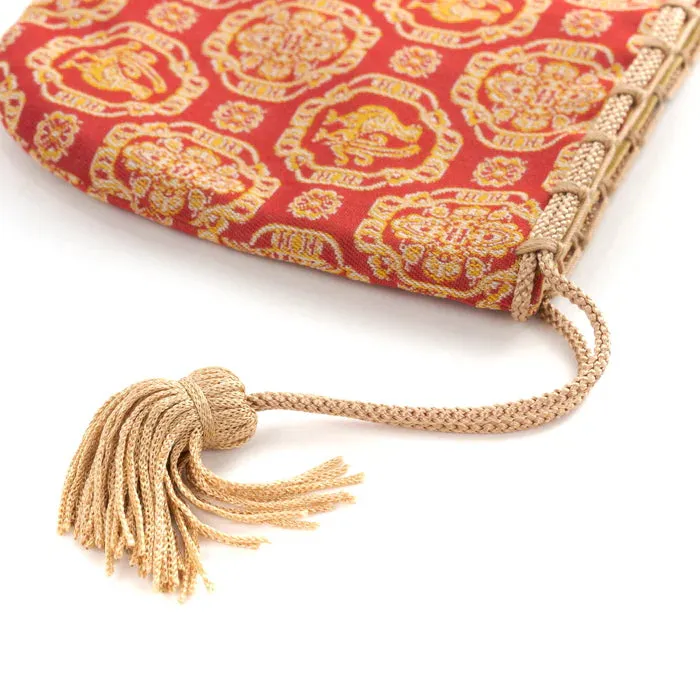 Nishijin-ori Small Drawstring Bag - Cock and Flower / Red -,  Made in Kyoto, Japan,  Japanese traditional craft purse