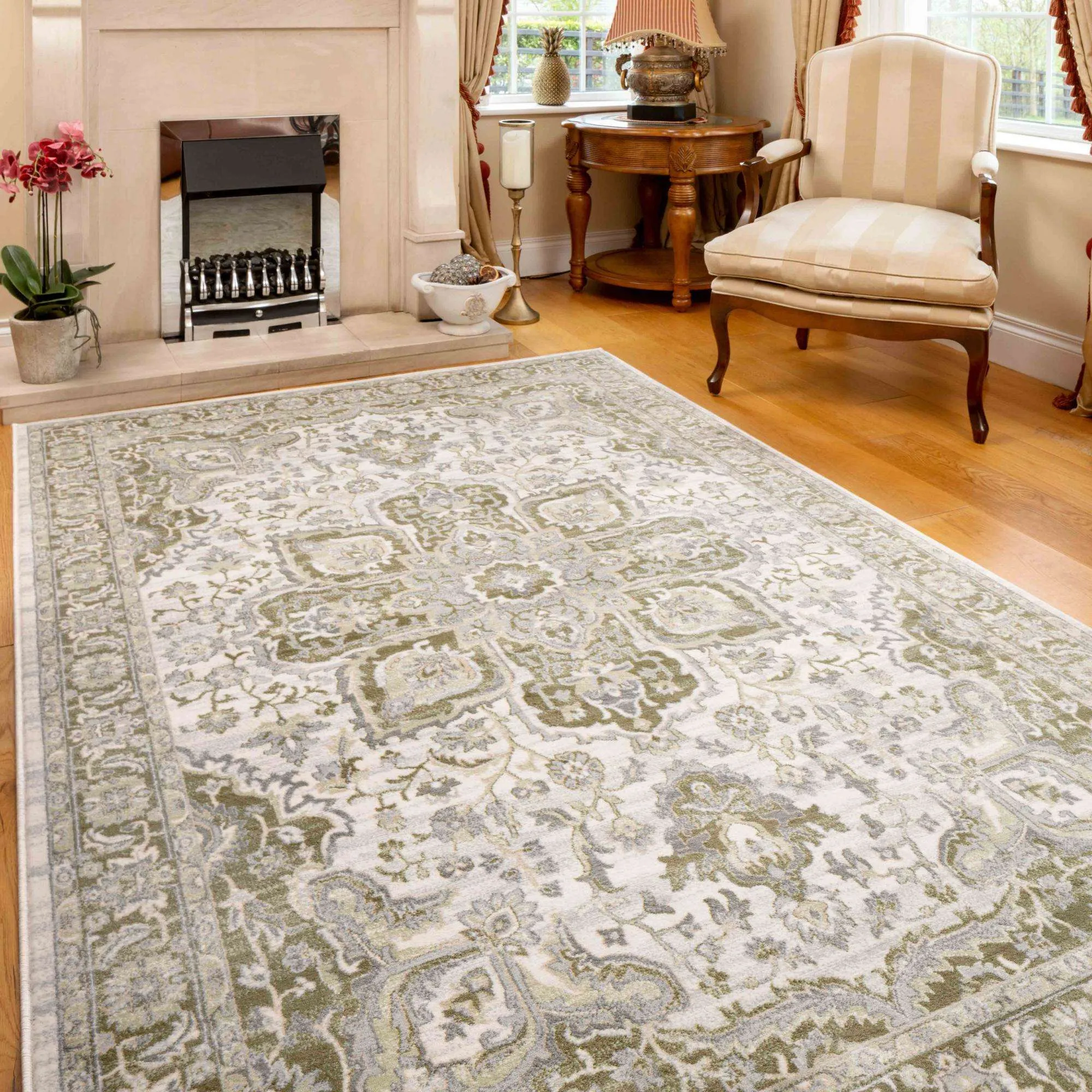 Oriental Bordered Green Floral Living Room Rug