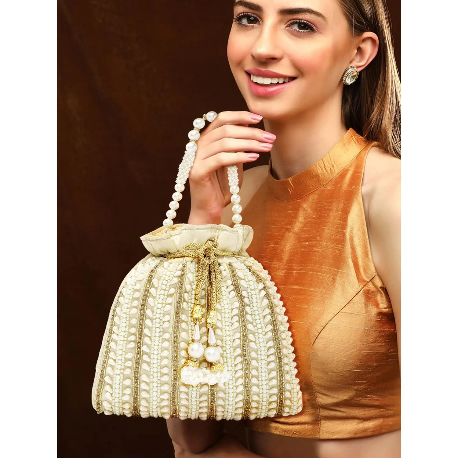 Peora Cream Potli Bags for Women Girls Evening Bag Clutch Ethnic Bride Purse with Drawstring