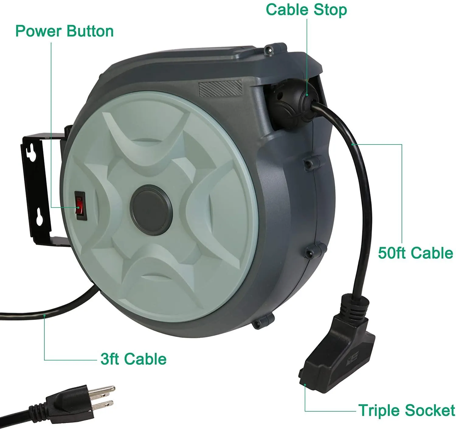 Retractable Extension Cord Reel 50FT  3FT Electric Cord Reel, Adjustable Stopper, 180°Swivel Ceiling or Wall Mount