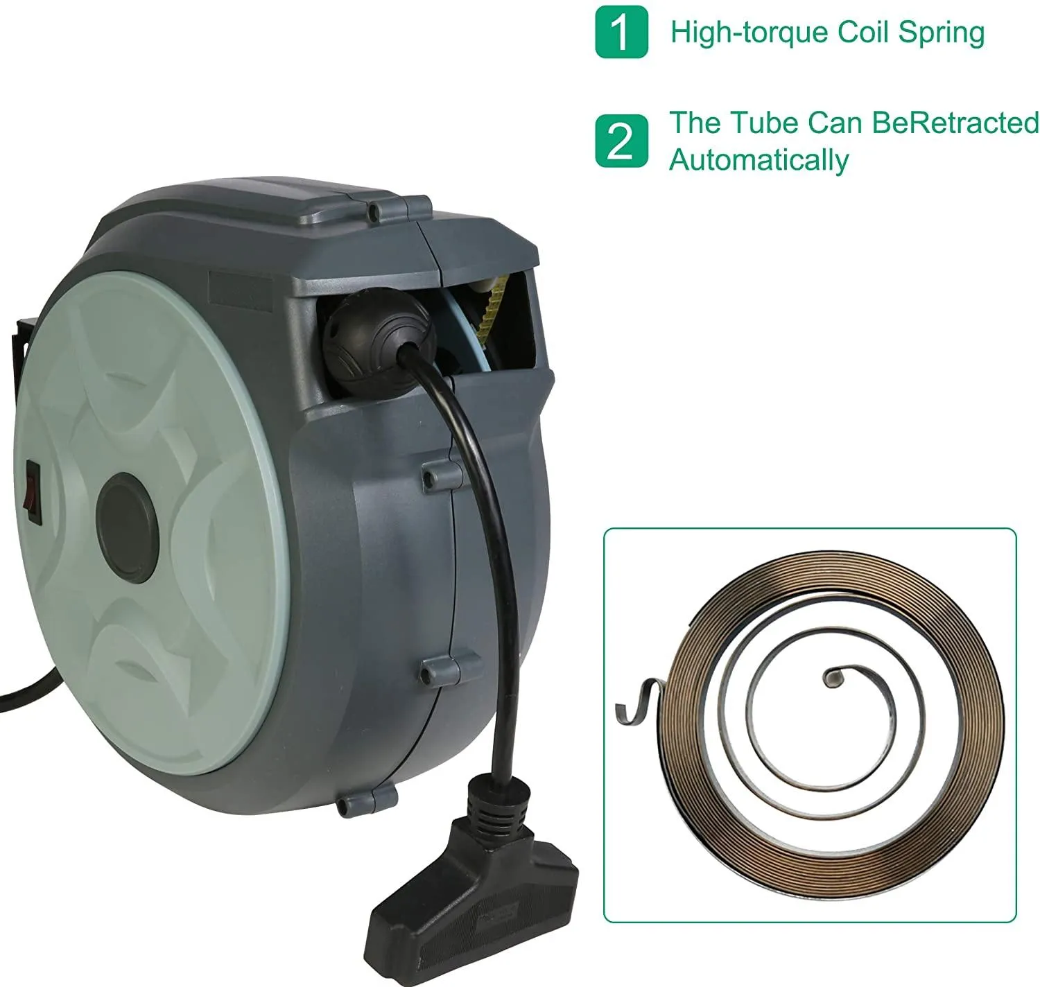 Retractable Extension Cord Reel 50FT  3FT Electric Cord Reel, Adjustable Stopper, 180°Swivel Ceiling or Wall Mount