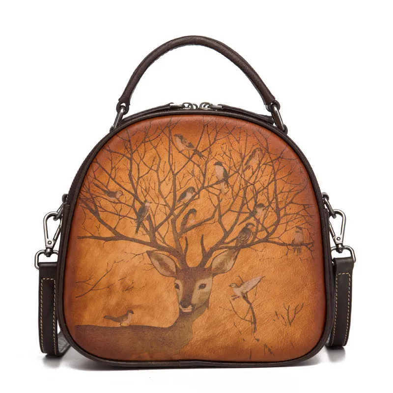 Retro Deer Bird Hand-Painted Leather Bag