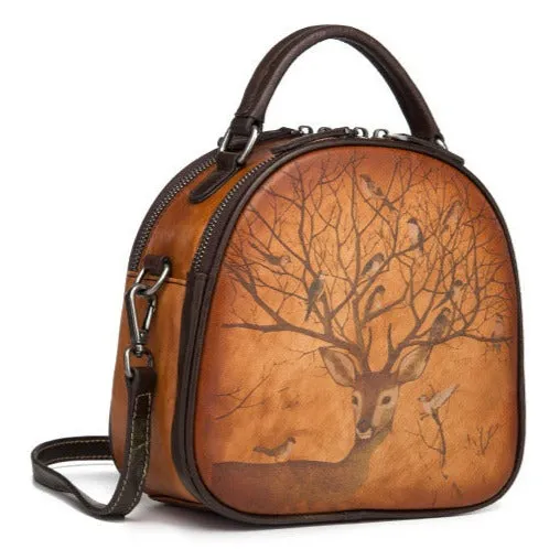 Retro Deer Bird Hand-Painted Leather Bag