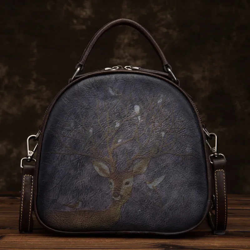 Retro Deer Bird Hand-Painted Leather Bag