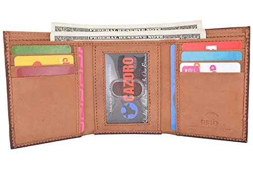 RFID Blocking Men's Chain Biker Leather Classic Slim Trifold Wallet with 8 Cards 1 ID Window   2 Note Compartments