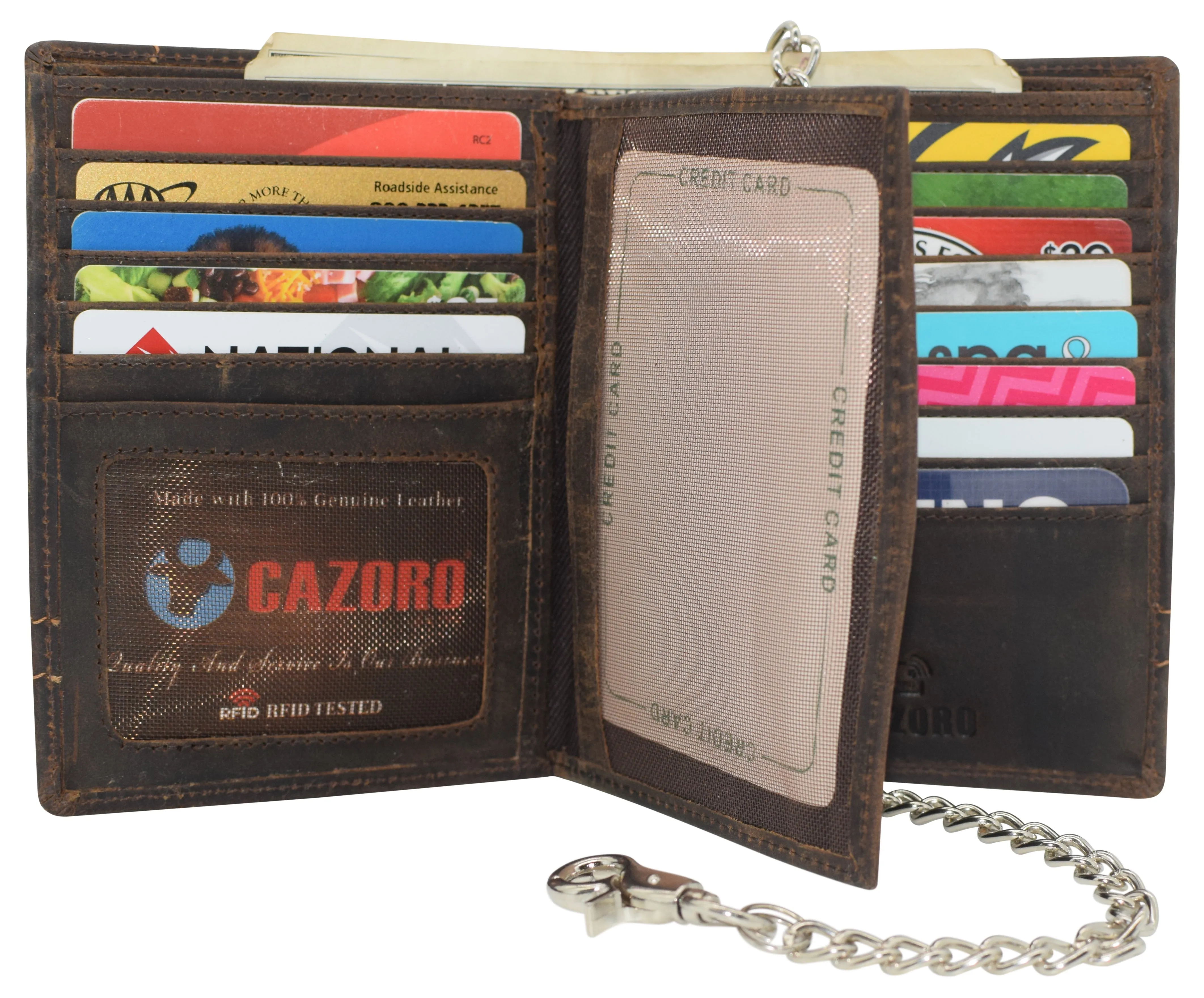 RFID Blocking Mens Hipster Multi-Card Holder Bifold Vintage Leather Chain Biker Wallet for Men