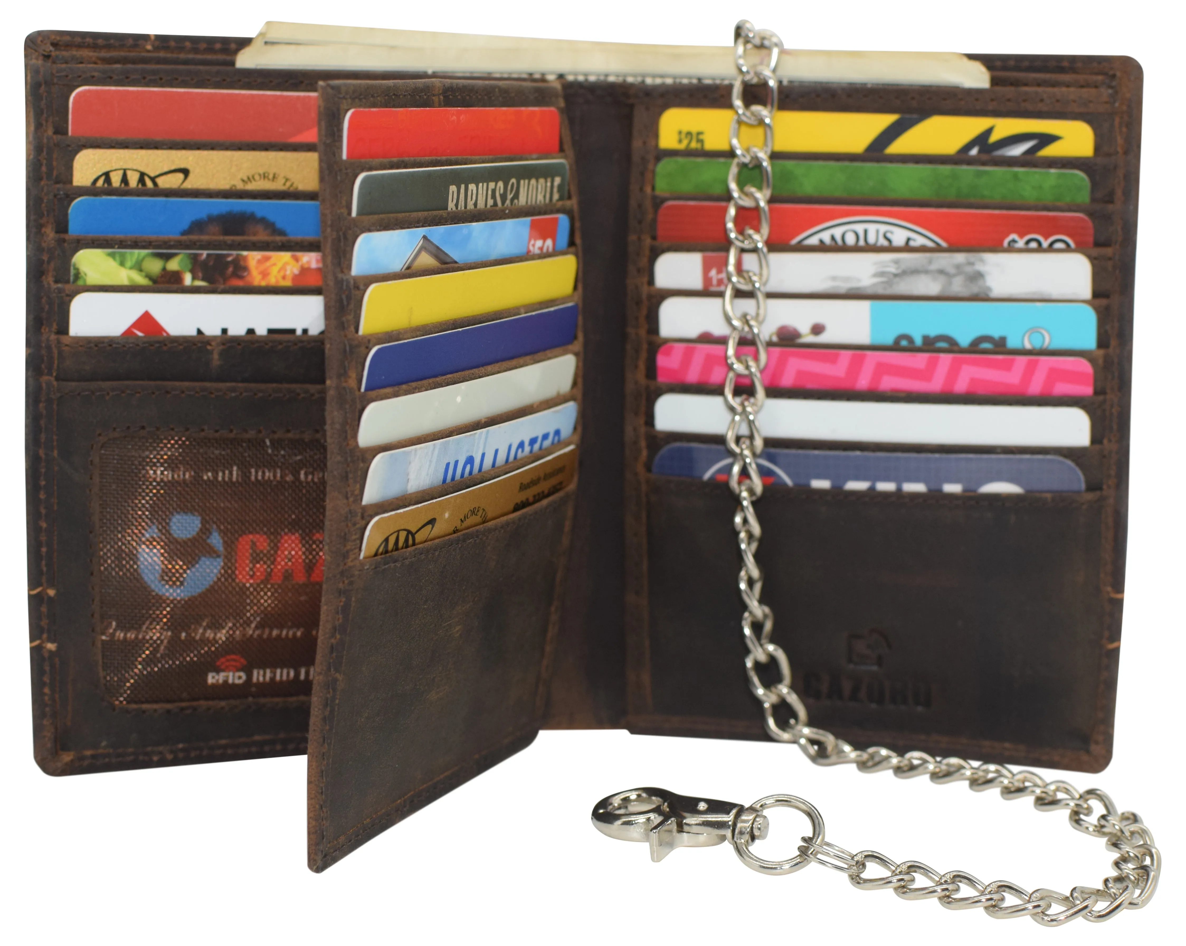 RFID Blocking Mens Hipster Multi-Card Holder Bifold Vintage Leather Chain Biker Wallet for Men