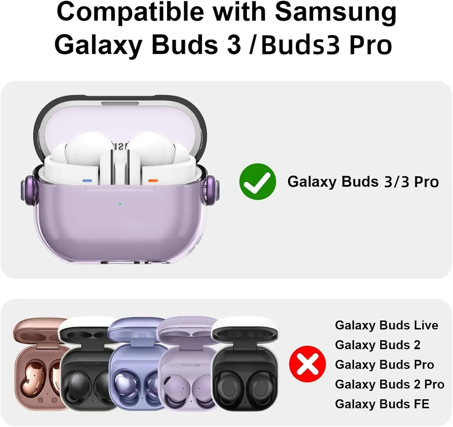 Samsung Galaxy Buds3 Case & Galaxy Buds 3 Pro Case Cover |, Holder Clip Shockproof Flexible TPU Protection Case with Carabiner- Purple