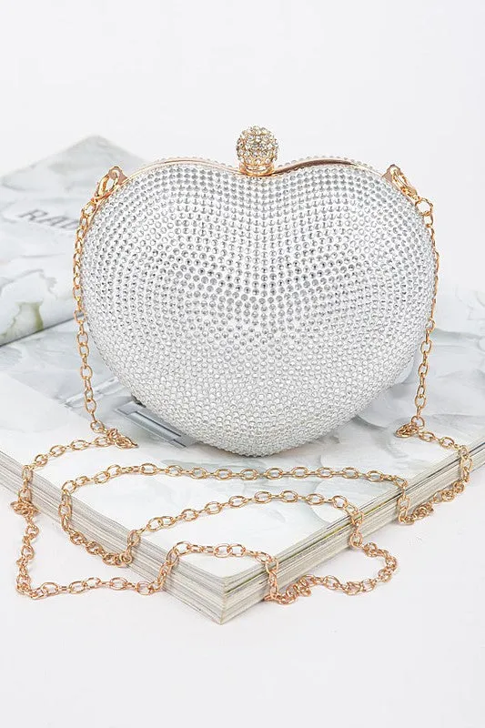 Silver Heart Rhinestone Clutch Evening Bag