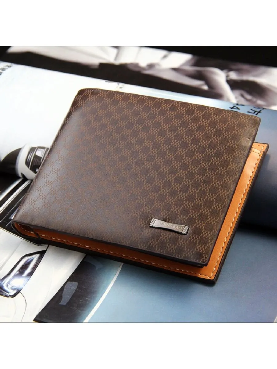 Sold As Single Item, Coffee Brown Men's Vintage Pu Leather Short Wallet With Sim Card Slot, Checkered Pattern Pu Leather Large Capacity Cardholder, Coin Purse, Bank Card Holder, Credit Card Holder