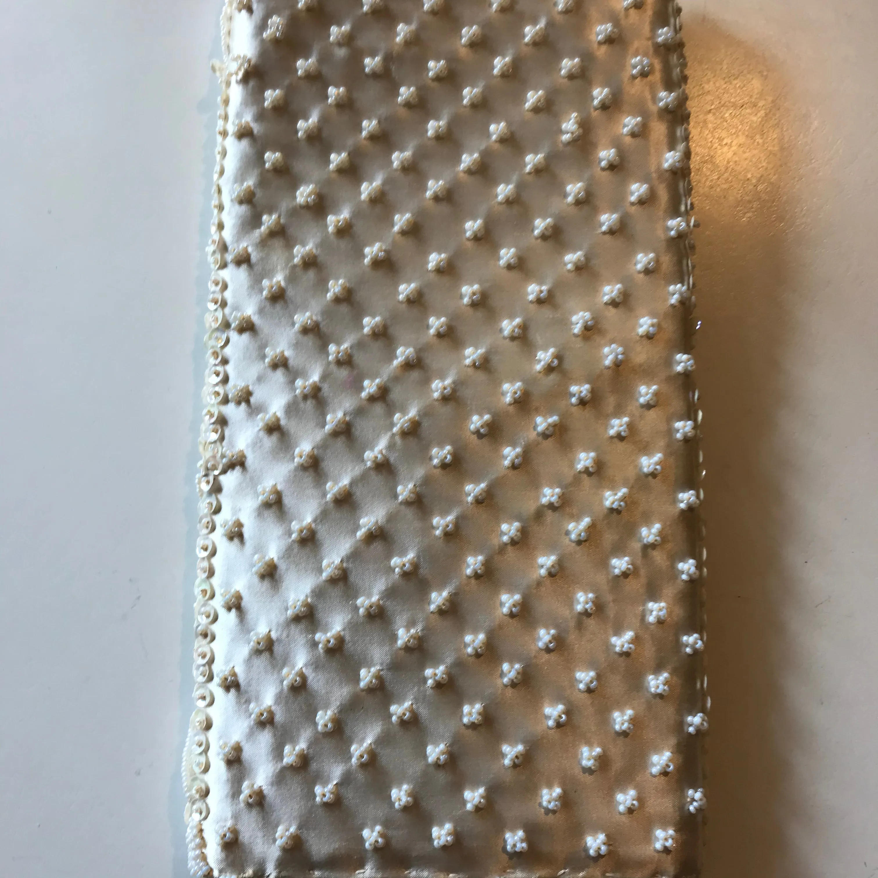 Sparkling Off-White Satin Beaded Envelope Style Clutch Handbag circa 1960s