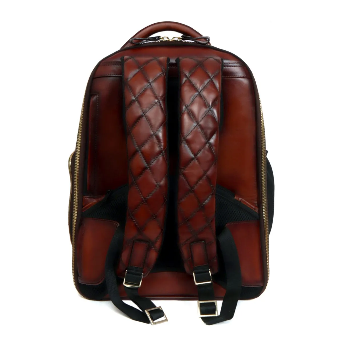 Super Functional Backpack Diamond Stitched Dark Brown Leather with Embossed Lion Logo by Brune & Bareskin