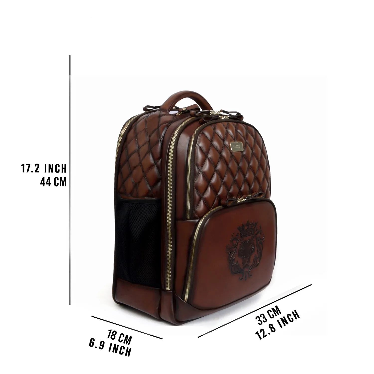 Super Functional Backpack Diamond Stitched Dark Brown Leather with Embossed Lion Logo by Brune & Bareskin