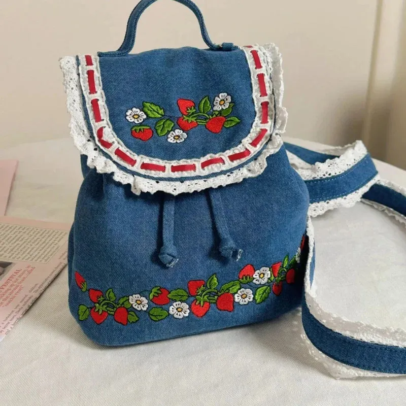 TAVIMART  -  Denim Strawberry Flower Lace Backpack Casual Schoolbag Handbag Student Leisure Travel Commuter Backpack