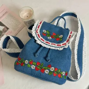 TAVIMART  -  Denim Strawberry Flower Lace Backpack Casual Schoolbag Handbag Student Leisure Travel Commuter Backpack