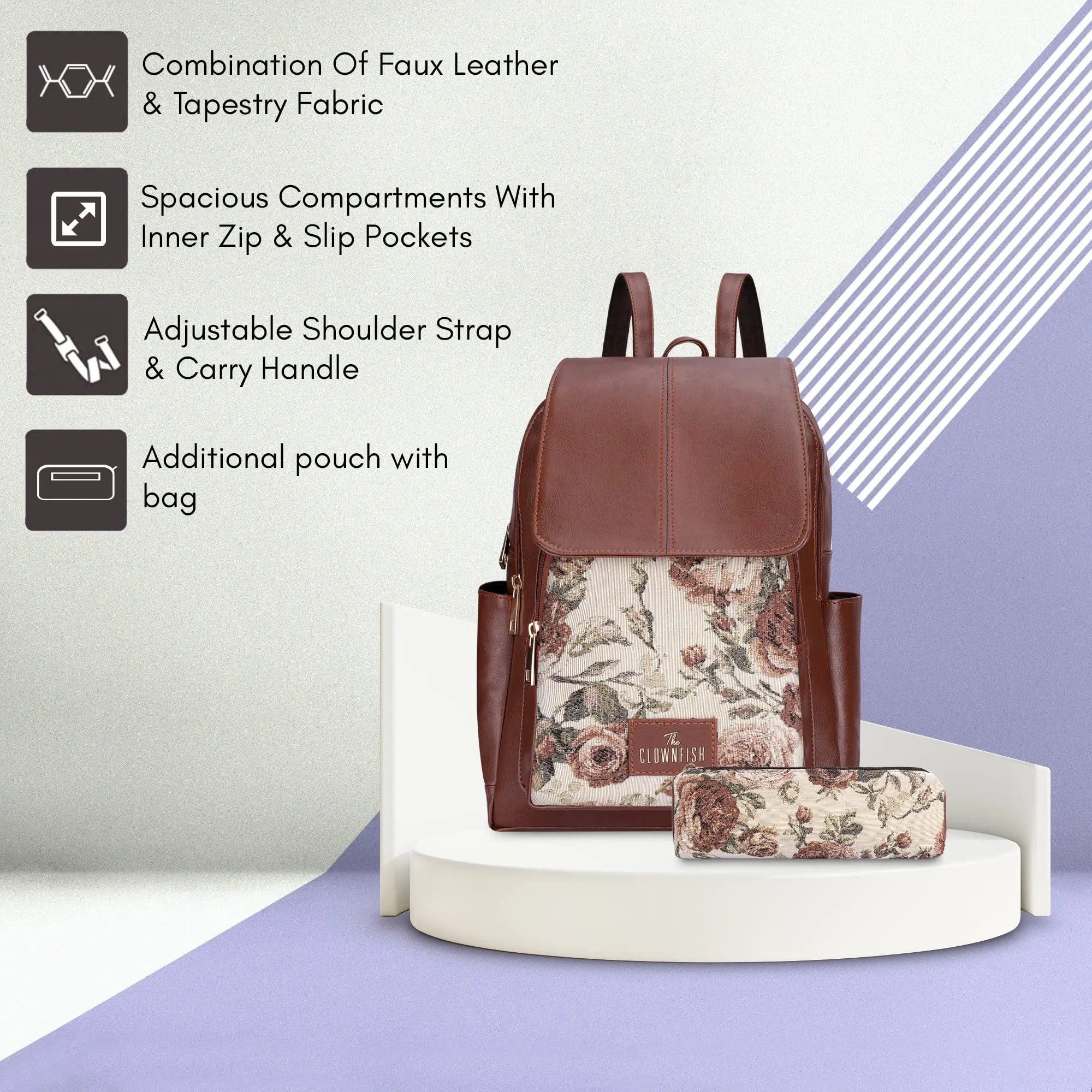 THE CLOWNFISH Combo Of Minerva Faux Leather & Tapestry Women's Backpack College School Girls Bag Casual Travel Backpack For Ladies & Expert Series Pencil Pouch Pen Case (Brown-Floral), 10 Litres