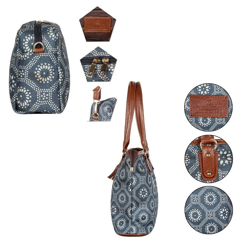 THE CLOWNFISH Combo Of Percy Printed Handicraft Fabric Handbag for Women Isla Printed Handicraft Fabric Crossbody Sling bag for Women (Lead Grey)