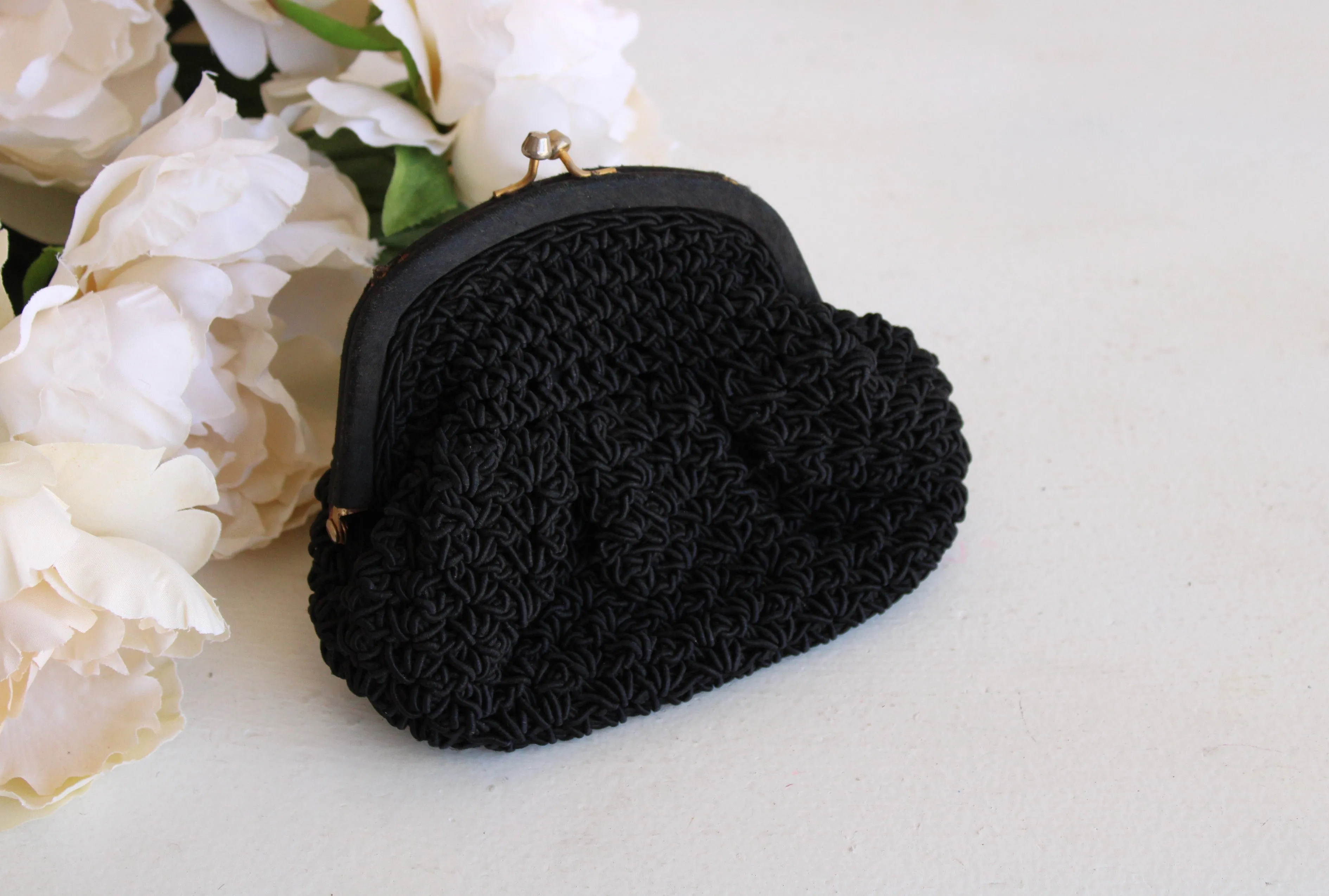 Vintage 1940s Black Macrame Purse