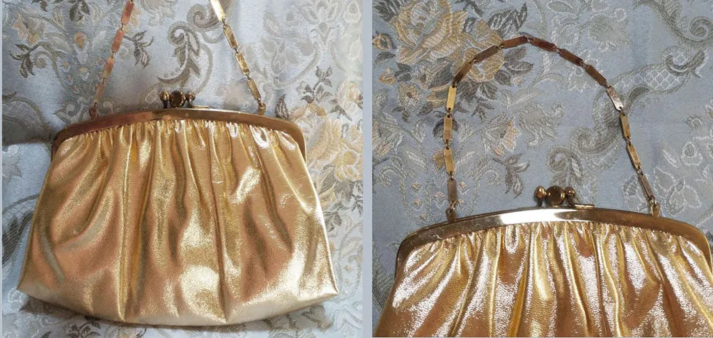 *VINTAGE 1960s H L GOLD EVENING BAG WITH UNIQUE CHAIN HANDLE AND LOVELY SATIN LINING