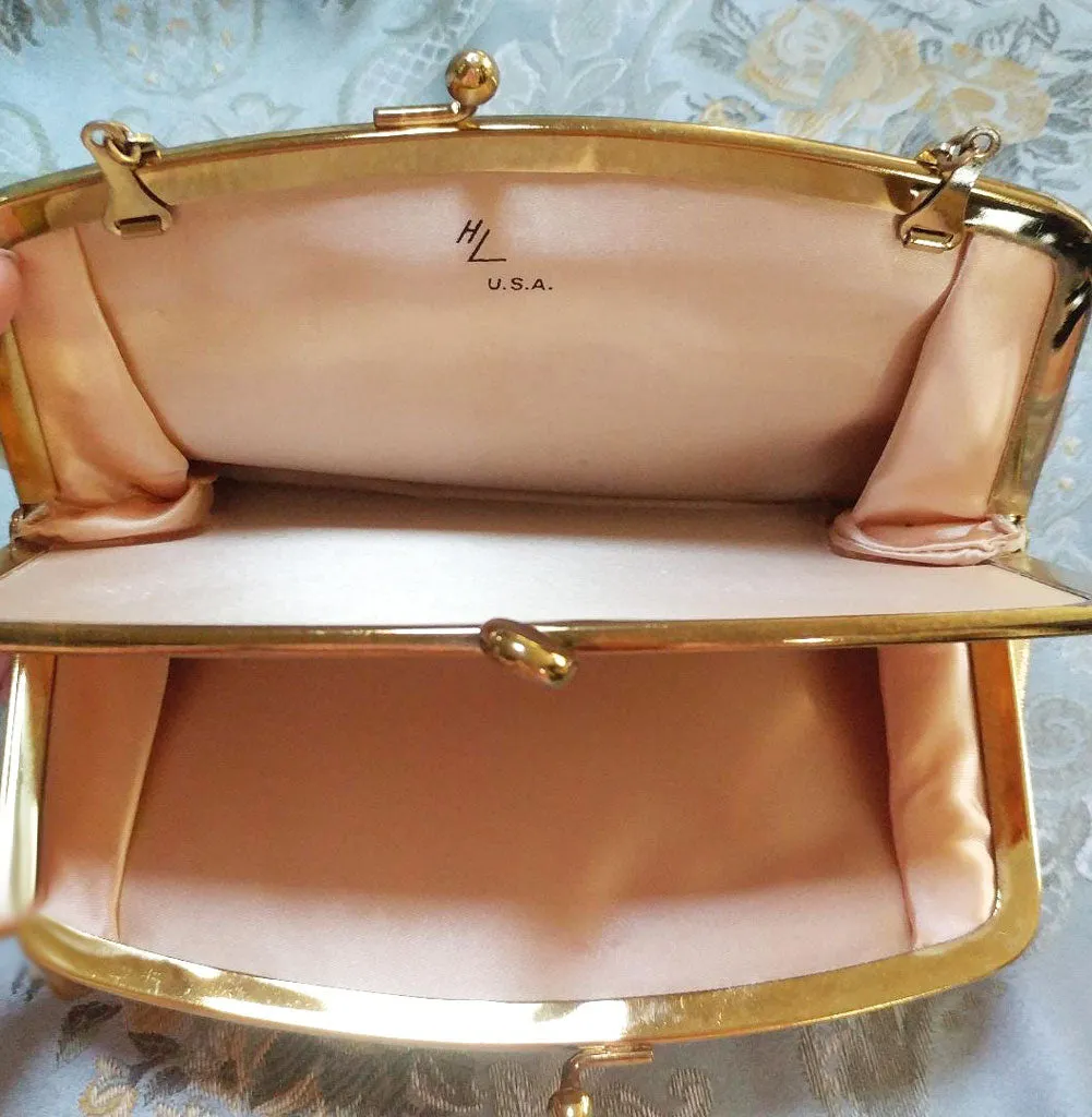 *VINTAGE 1960s H L GOLD EVENING BAG WITH UNIQUE CHAIN HANDLE AND LOVELY SATIN LINING