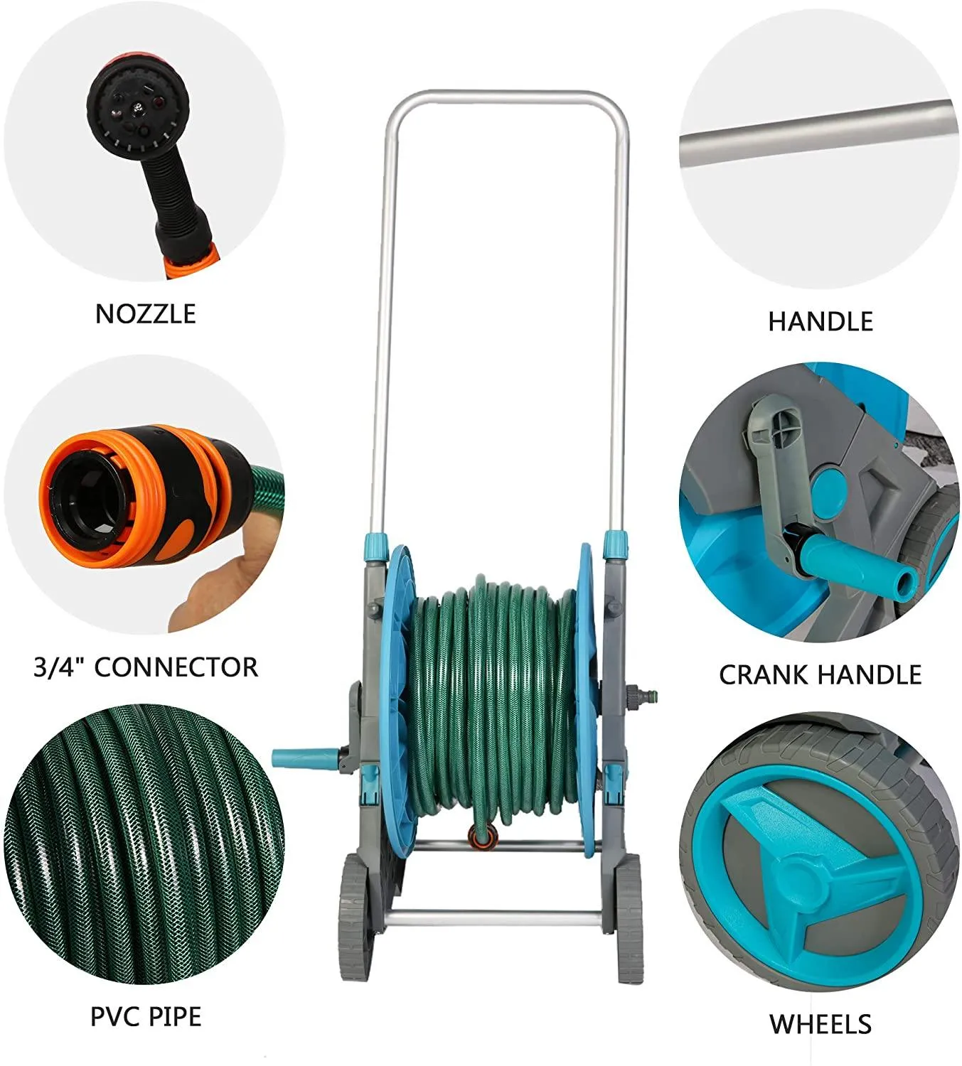 Water Hose Reel Cart with Wheels 130 ft Retractable Aluminum Garden Hose Reel 3/4 Inch 6.6 Feet Leader Hose 7 Patterns Nozzle