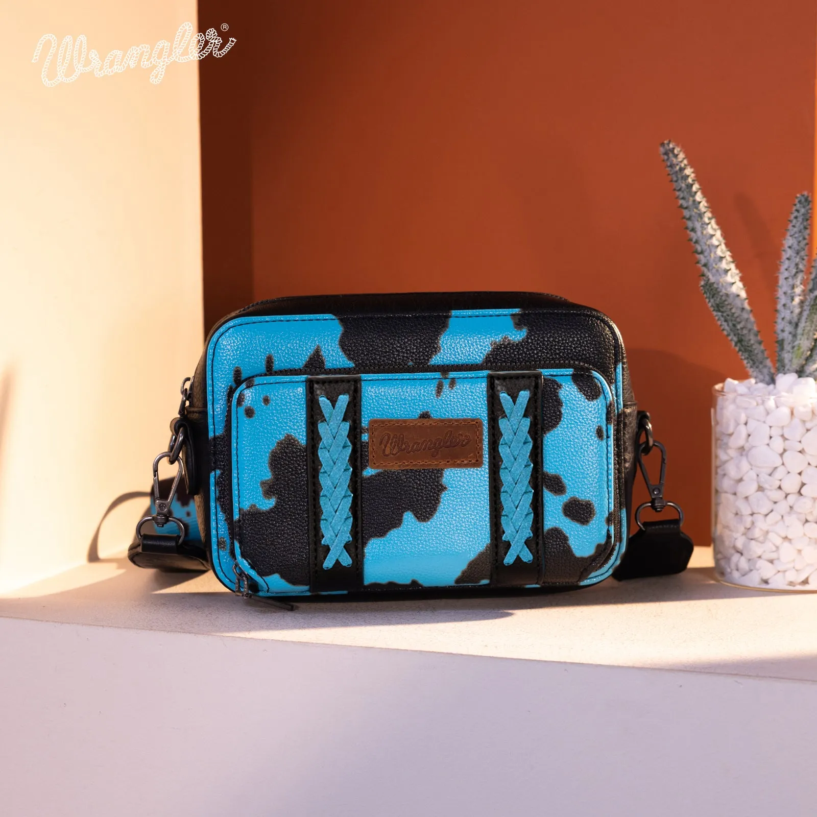 WG133-3003  Wrangler Cow Print Crossbody Purse With Wallet Compartment - Turquoise