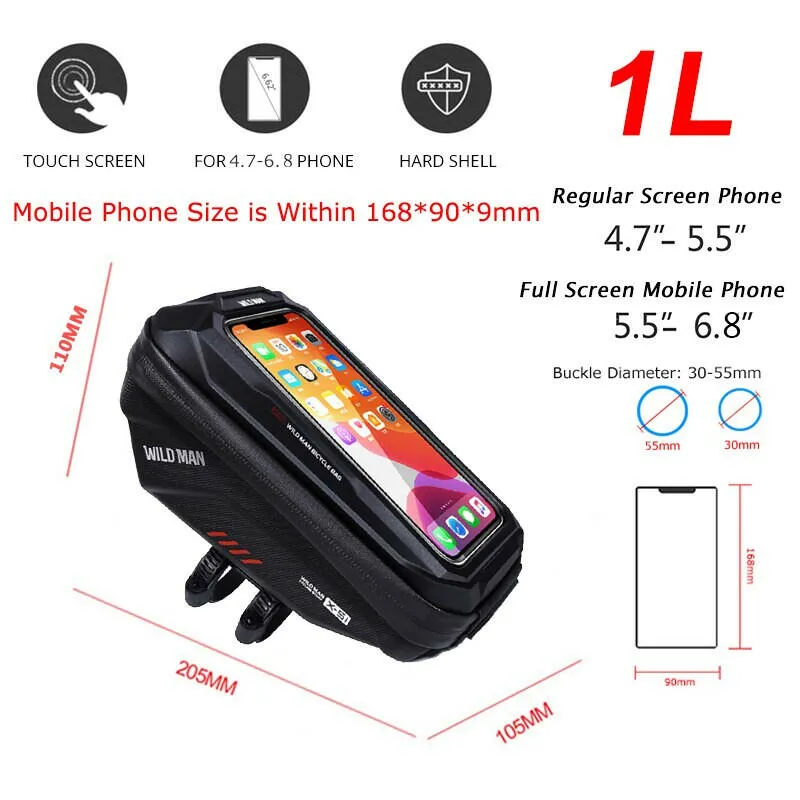 WILD MAN Rainproof Bicycle Handlebar Bag Touch Screen Cycling Phone Bag Bike Bag 6.8" Phone Case Bag Bicycle Accessories